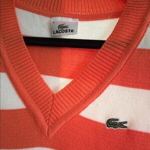 Lacoste Women V-Neck Sweater in Orange and White Stripes